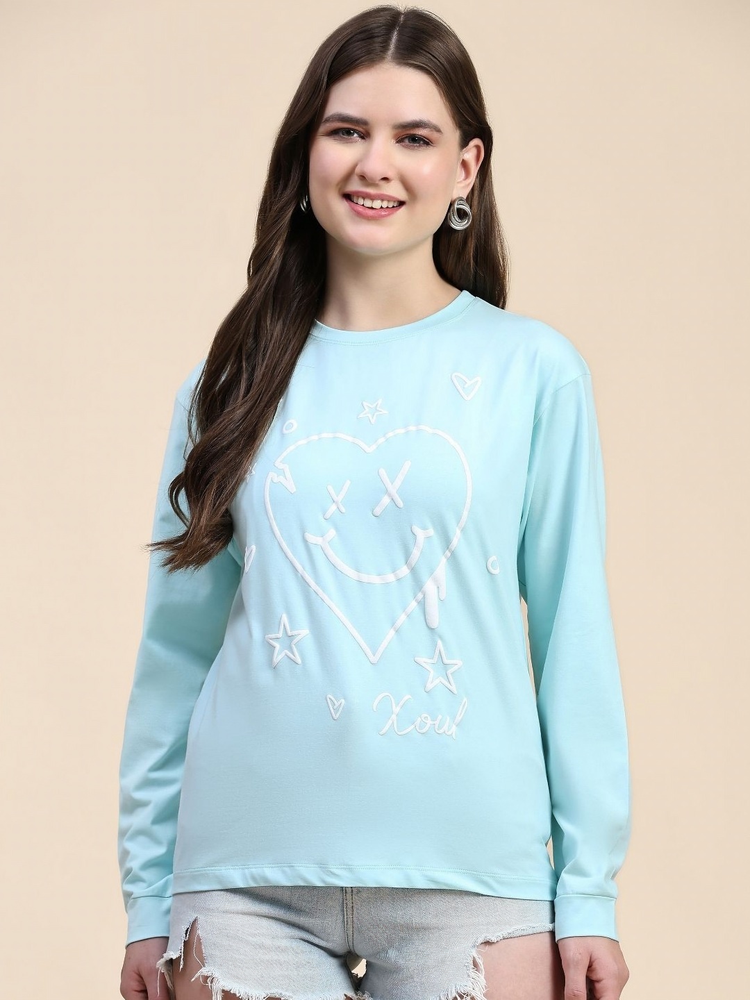 

AECK Women Graphic Printed Round Neck Cotton T-shirt, Blue