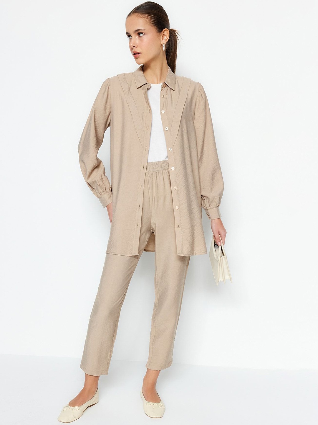 

Trendyol Spread Collar Longline Shirt & Trousers, Camel brown