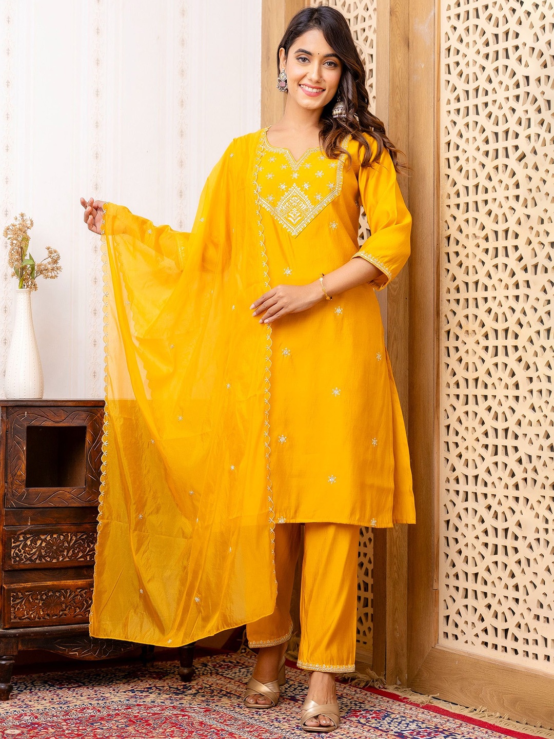 

CELEBRAVO Ethnic Motifs Embroidered Straight Zari Kurta With Trousers & Dupatta, Mustard