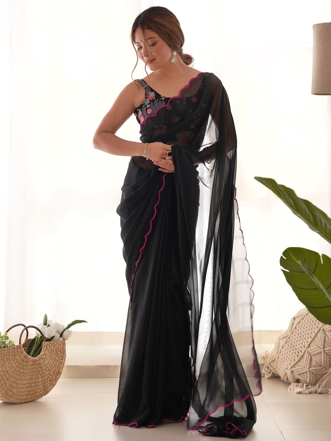 

Saree mall Embroidered Poly Georgette solid Sarees, Black