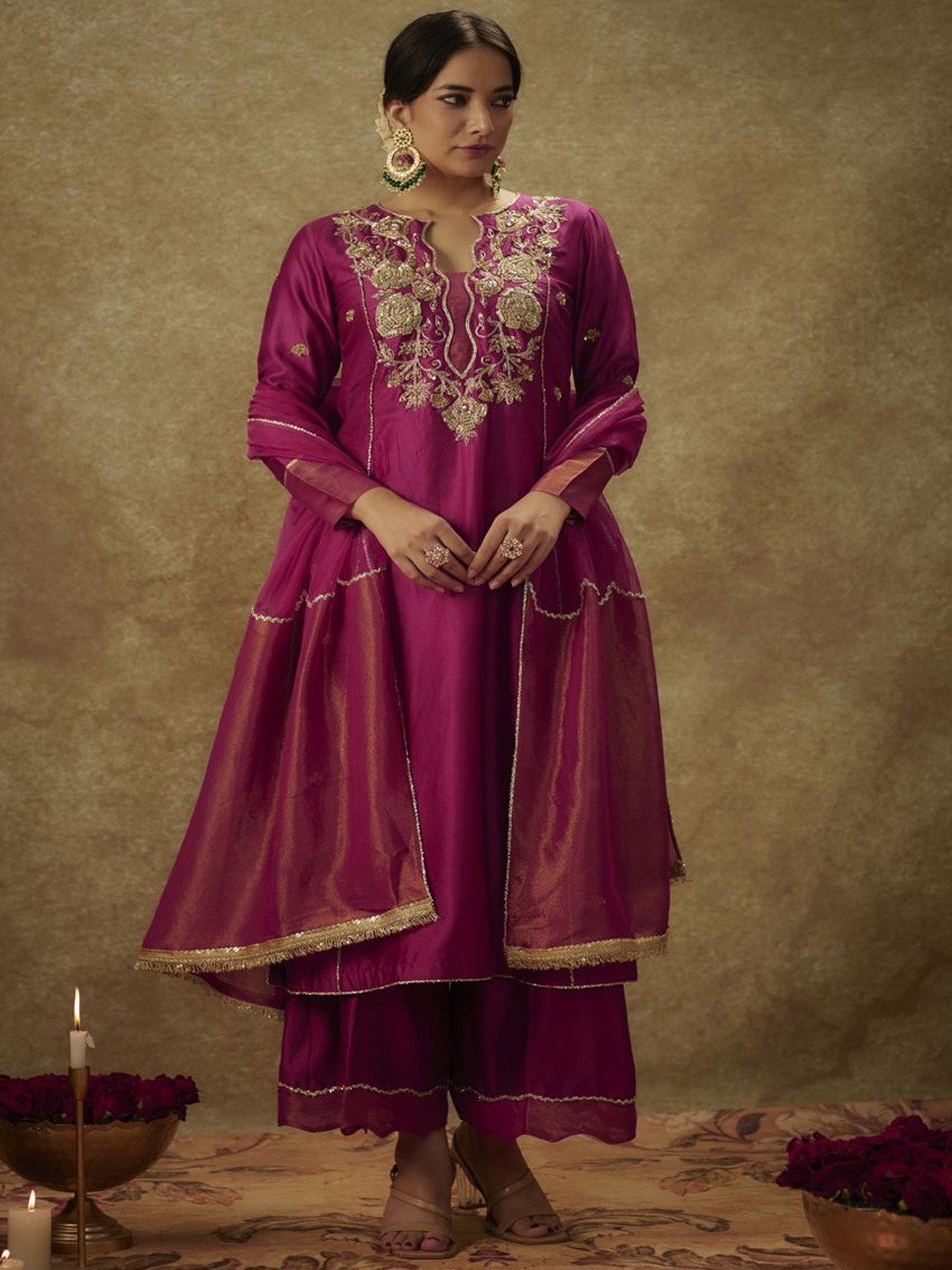 

The Aarya Floral Embroidered Beads and Stones Chanderi Silk Kurta With Palazzos & Dupatta, Magenta