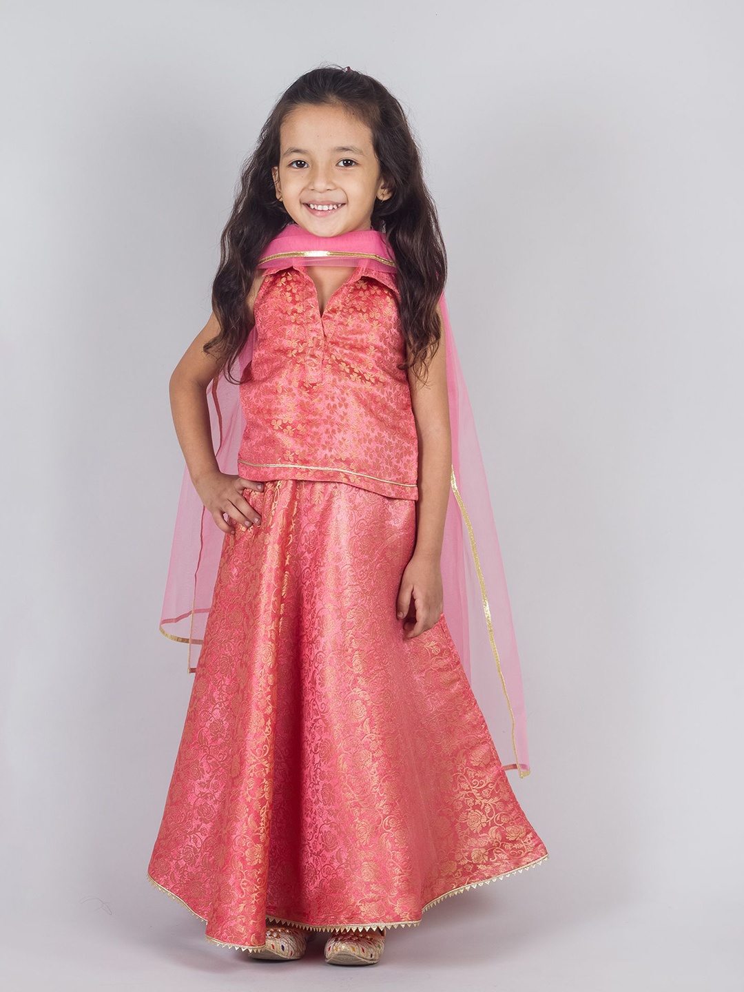 

Tangerine Closet Girls Woven Design Zari Ready to Wear Lehenga & Blouse With Dupatta, Peach