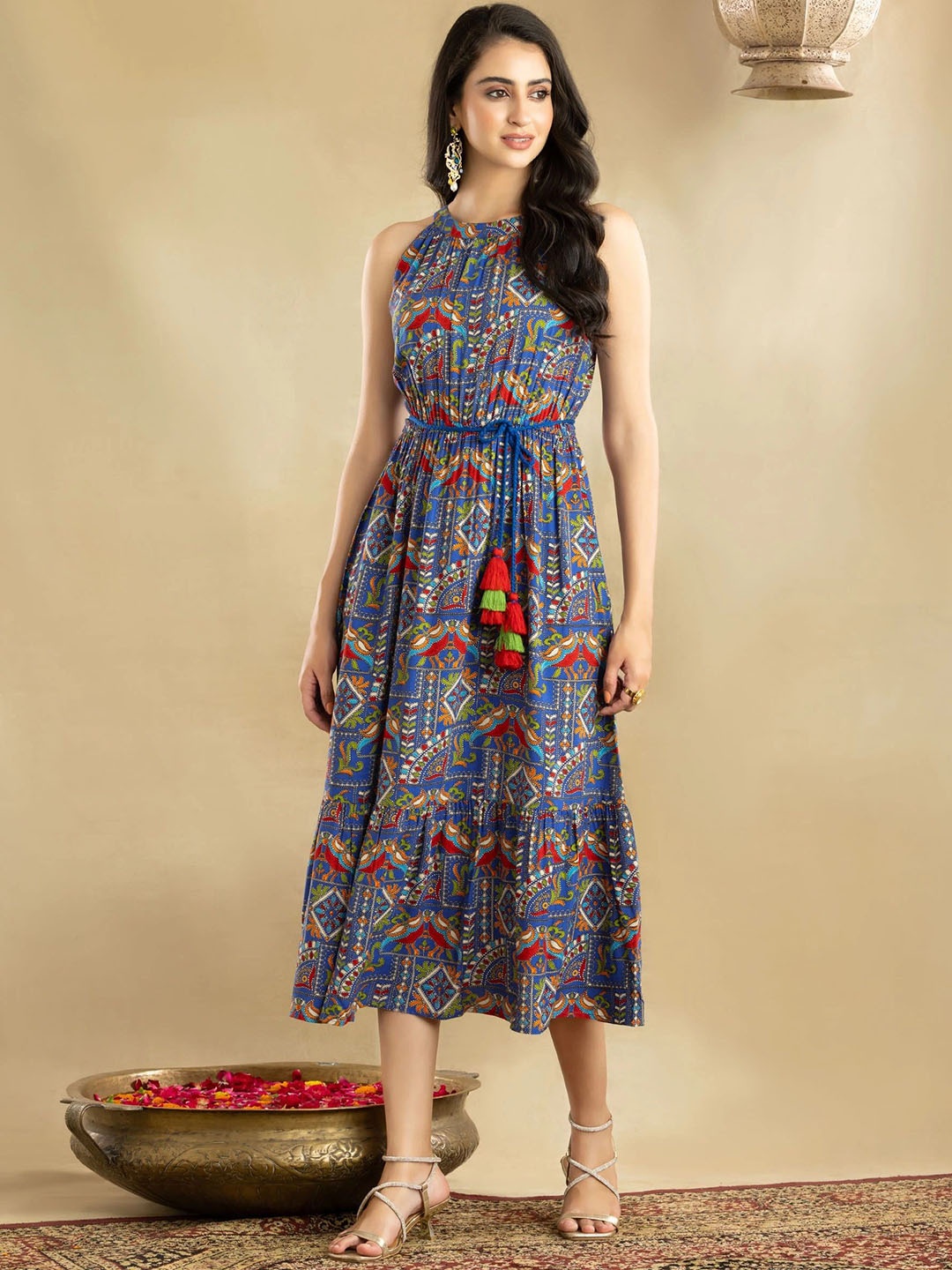 

Shrivani Ethnic Motifs Printed Halter Neck A-Line Midi Ethnic Dress, Blue