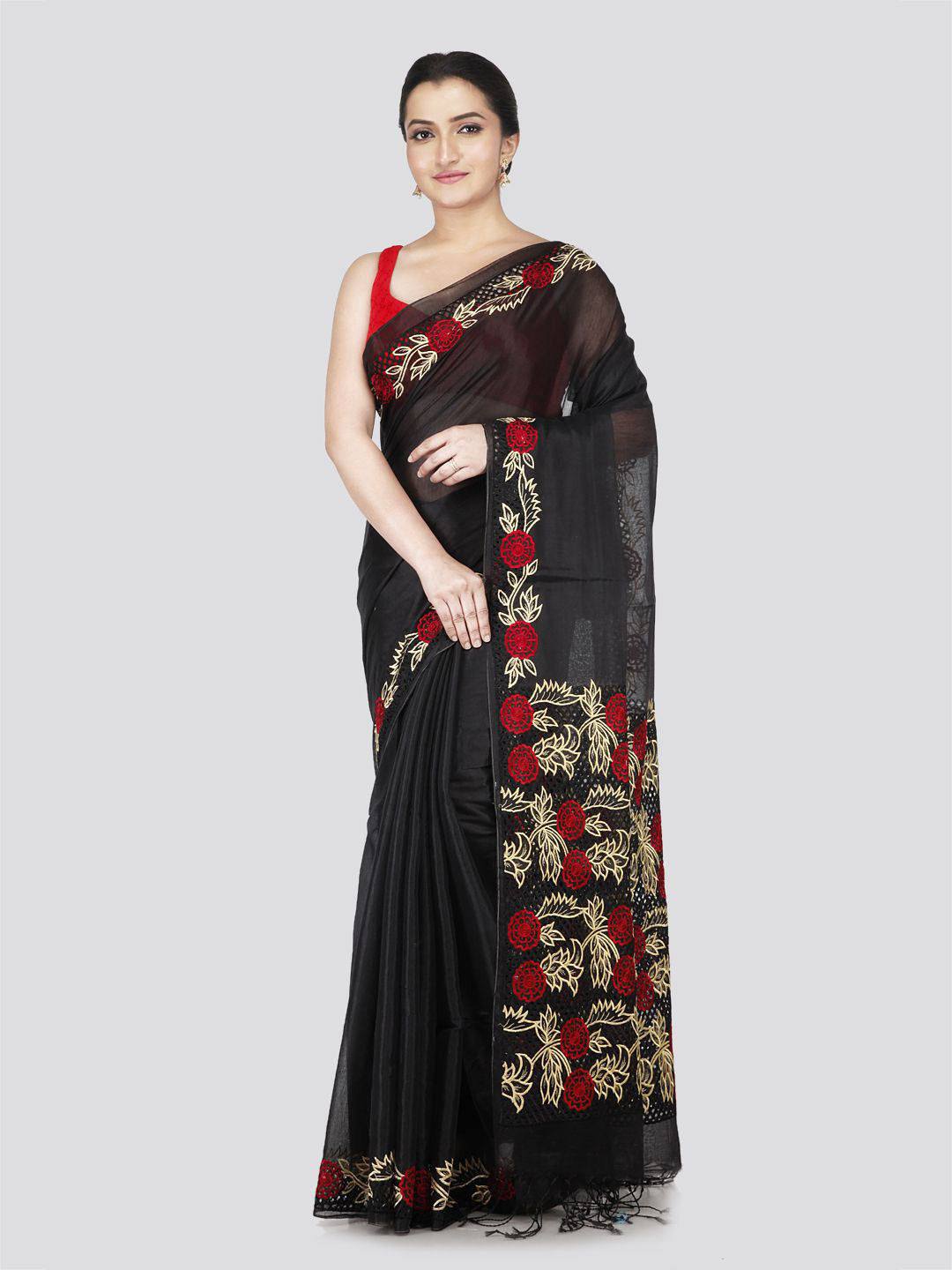 

PinkLoom Embroidered Silk Cotton Saree, Black