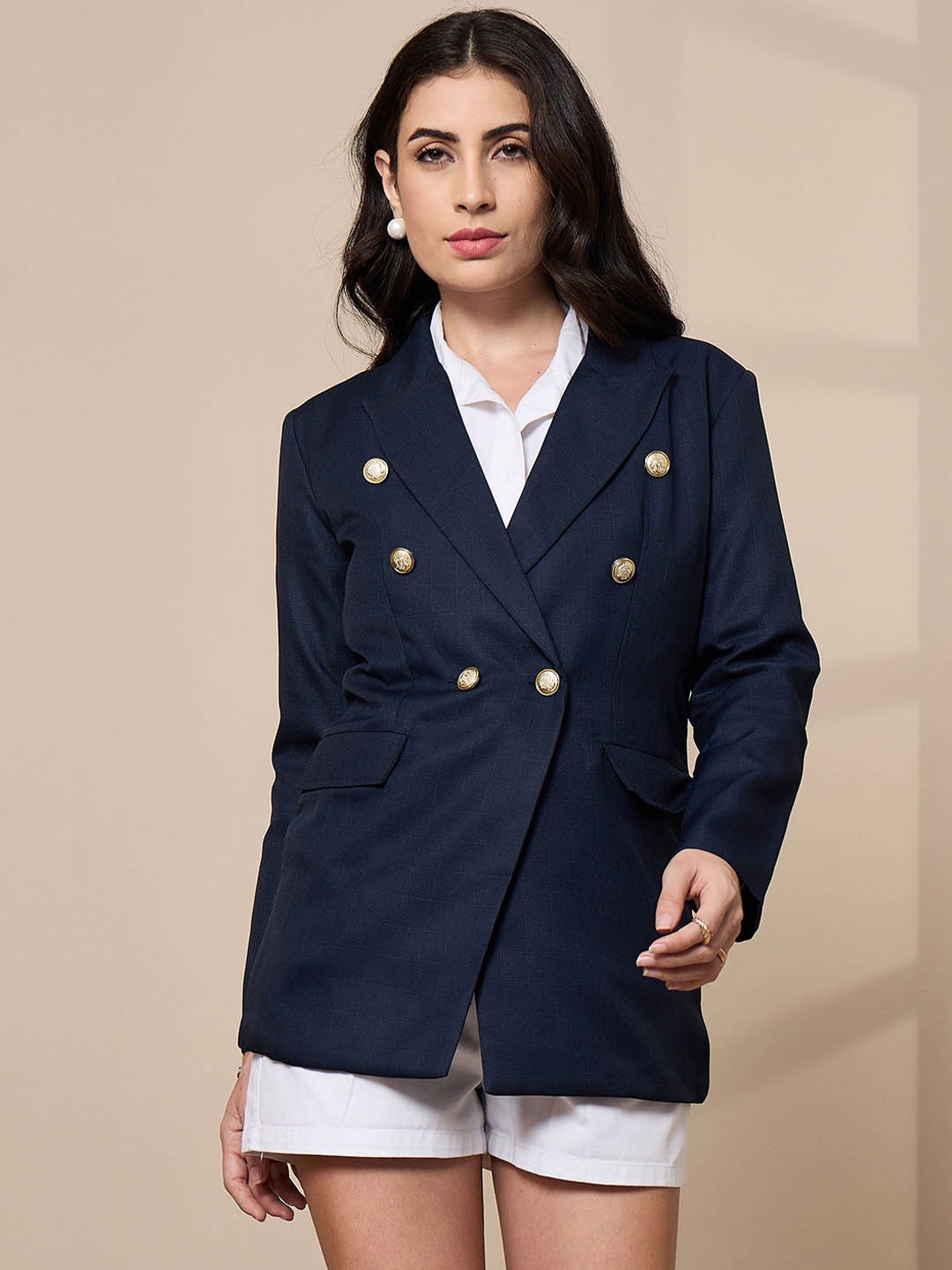 

SASSAFRAS worklyf Checked Double Breasted Formal Blazer, Navy blue