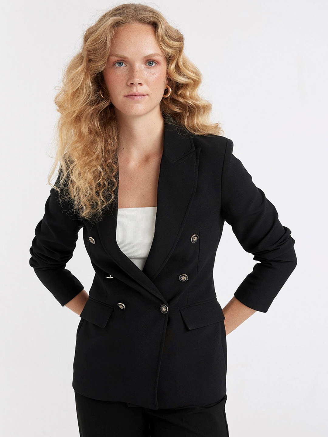 

DeFacto Notched Lapel Ventless Double Breasted Blazers, Black