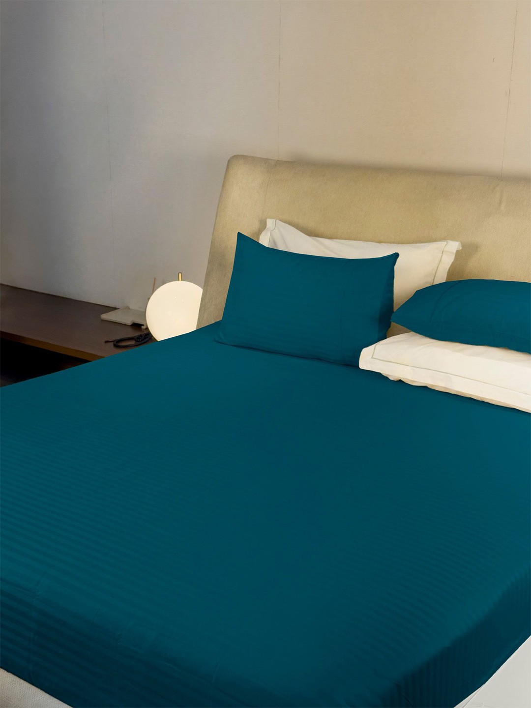 

LABHAM Simple Living Teal Striped 210 TC Satin King Bedsheet With 2 Pillow Covers