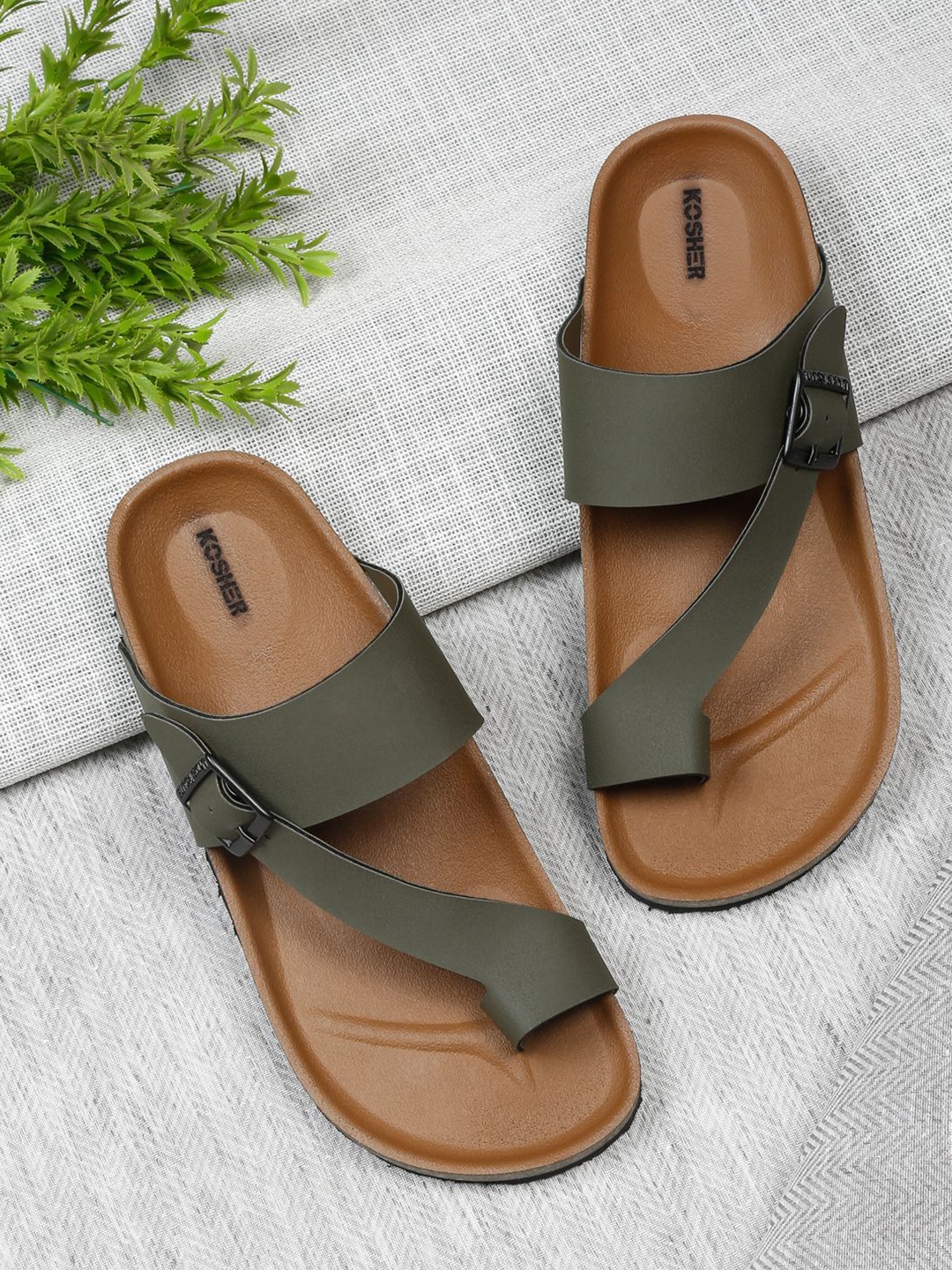 

Kosher Men Buckle Design Comfort Sandals, Olive