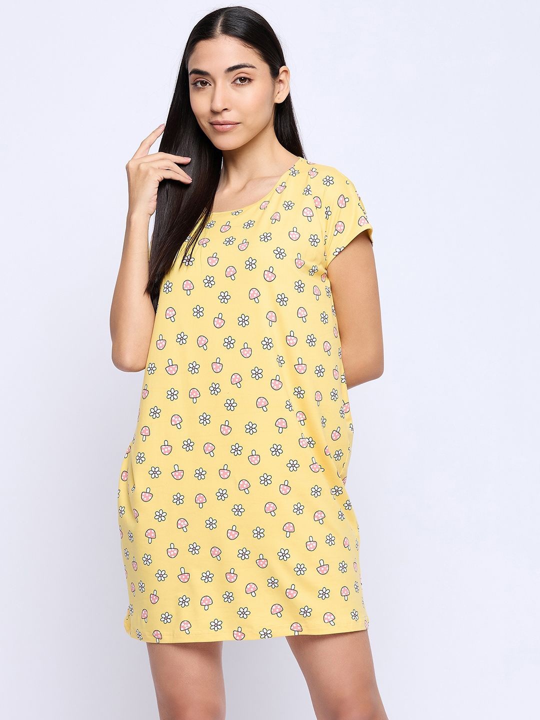 

Camey Printed Knee Length Nightdress, Yellow