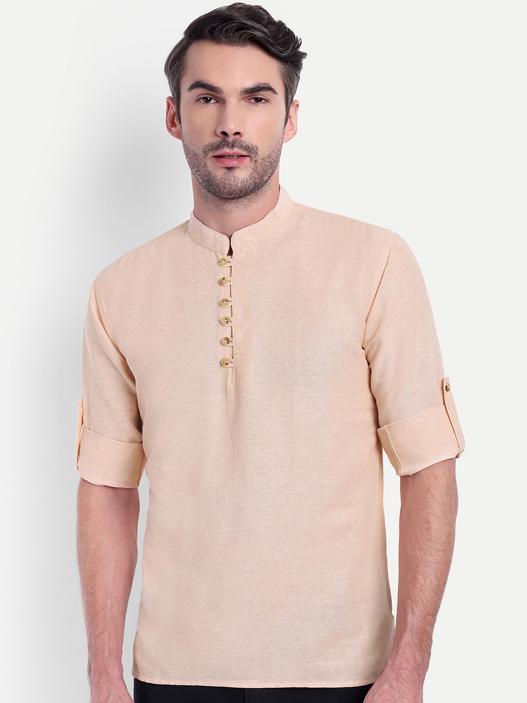 

LIFE ROADS Mandarin Collar Roll-Up Sleeves Cotton Straight Short Kurta, Beige