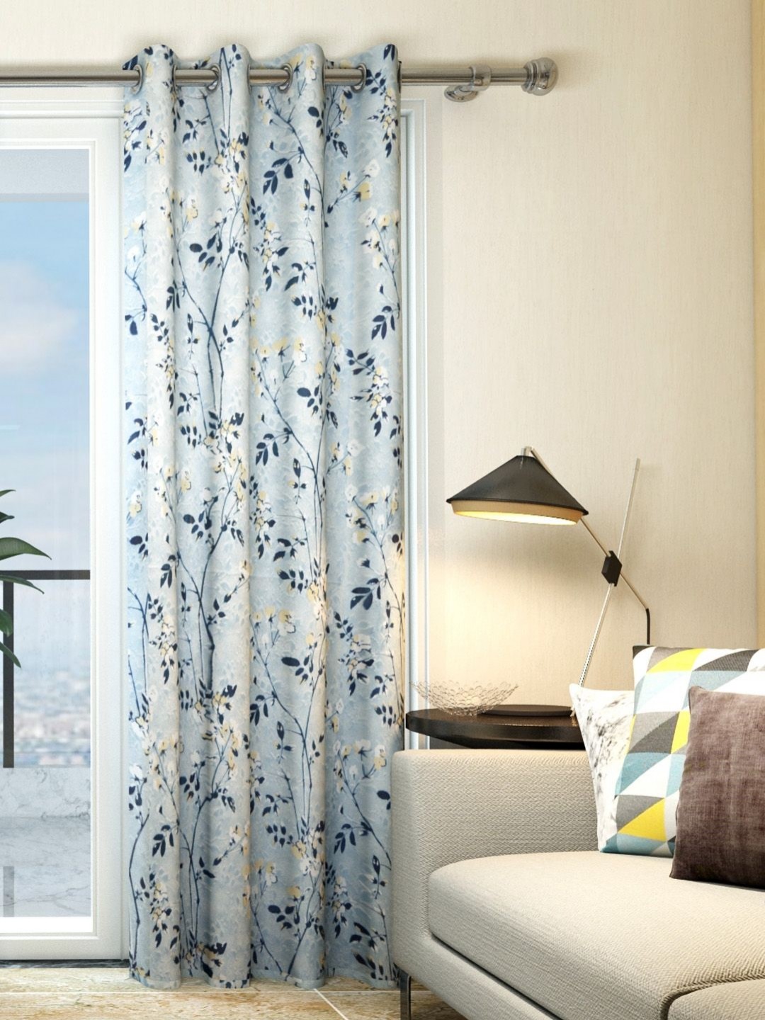 

Aura Grey & Navy Blue Floral Door Curtain