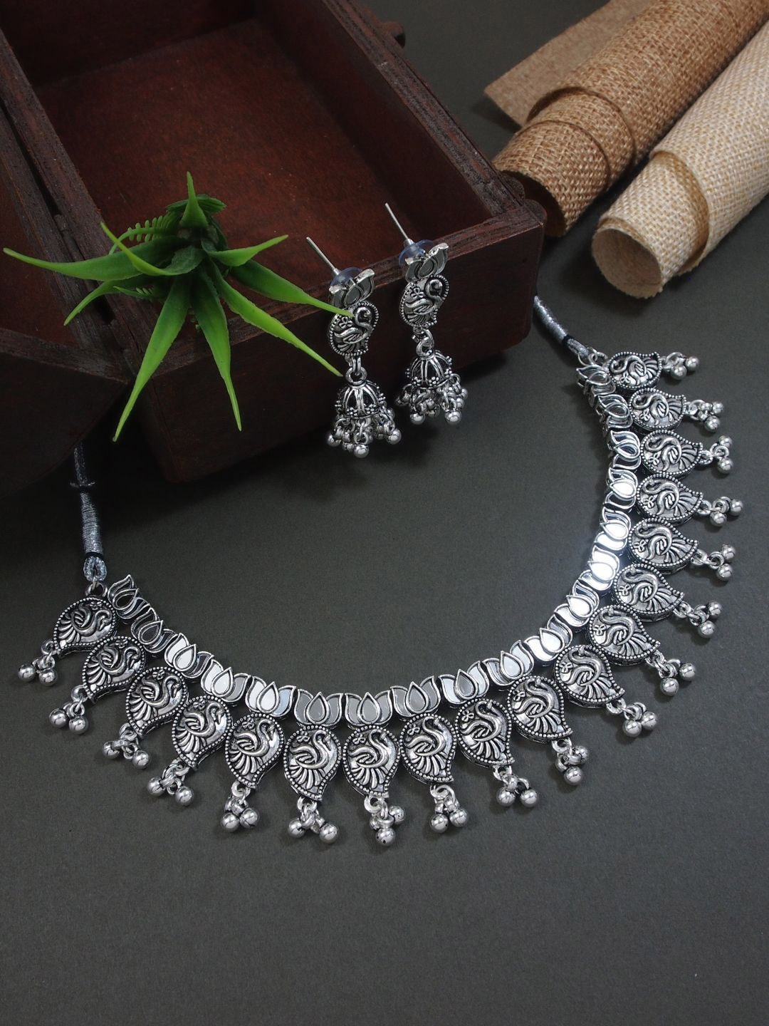 

I Jewels Silver Plated Oxidised Floral Design Ghungroo Jewellery Set