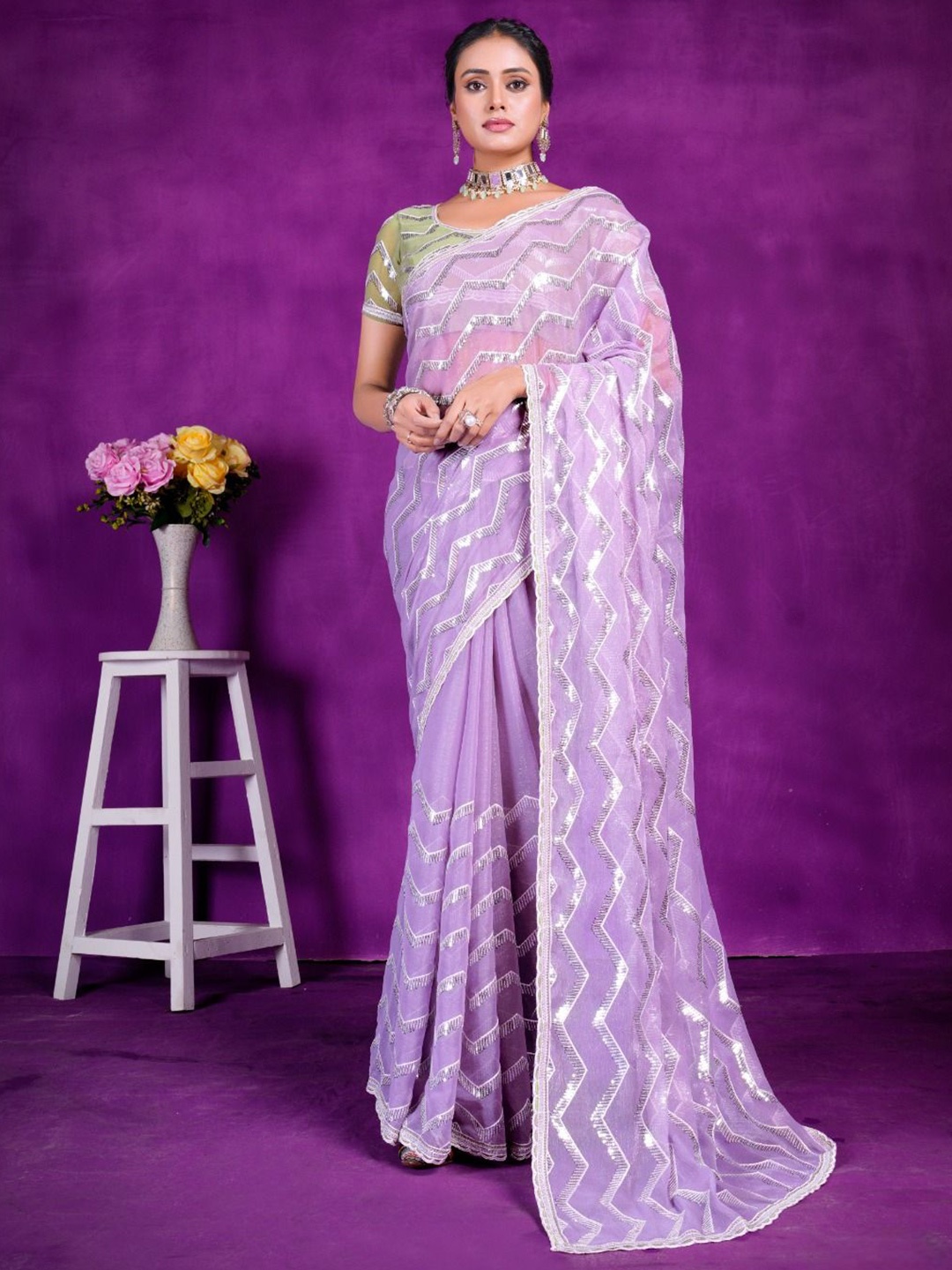 

Mitera Embellished Sequinned Pure Chiffon Saree, Lavender