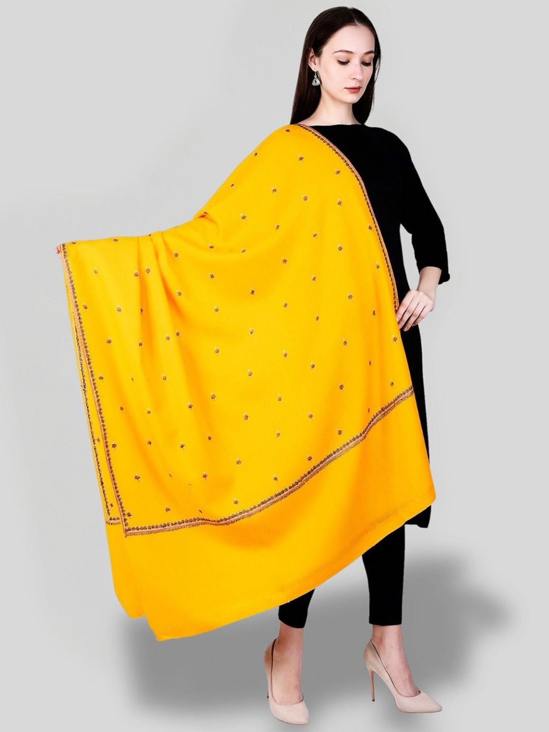 

SWI Stylish Floral Embroidered Pure Woollen Shawl, Yellow