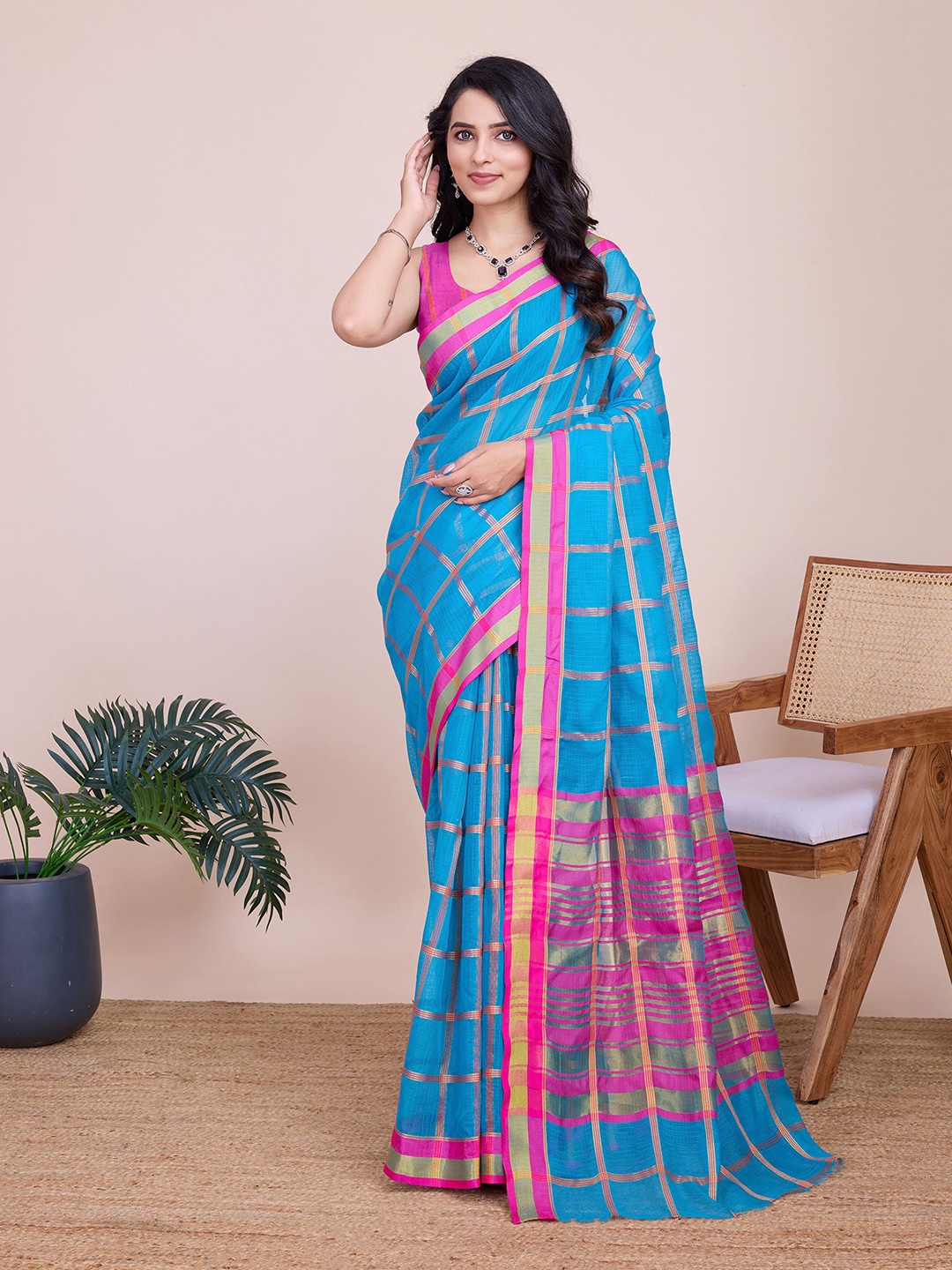 

Aldwych Woven Design Zari Chanderi Saree, Turquoise blue