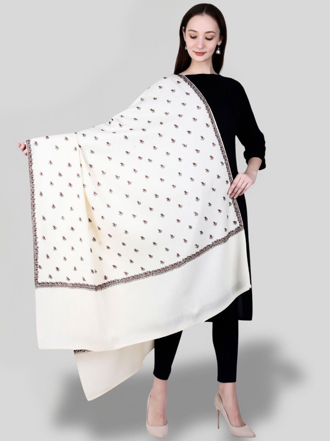 

SWI Stylish Floral Embroidered Pure Woollen Shawl, White