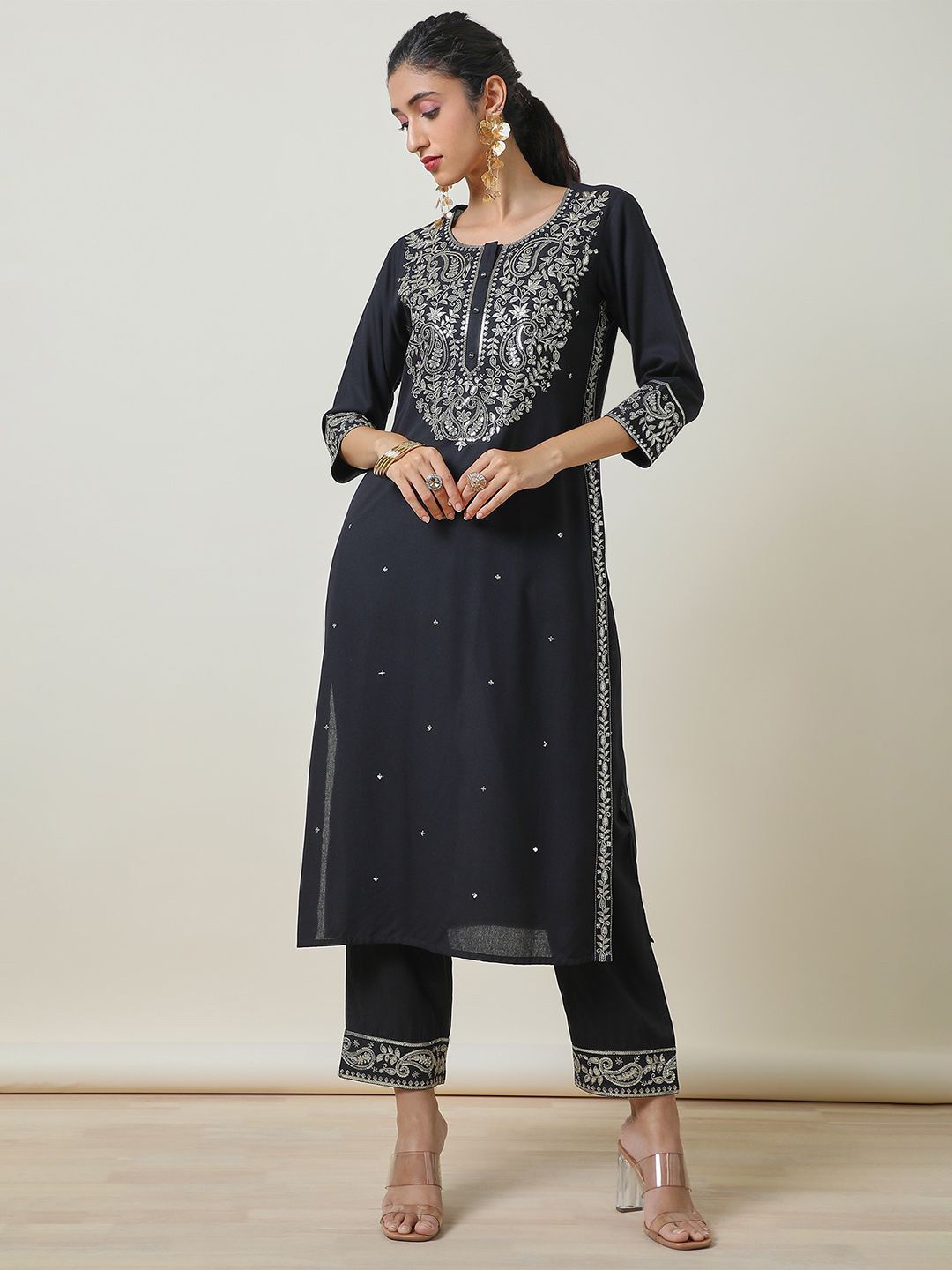 

Soch Floral Embroidered Sequinned Straight Kurta With Trouser, Black