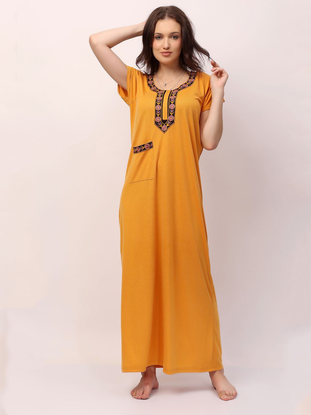 

NIGHT KEYS Embroidered Maxi Nightdress, Yellow