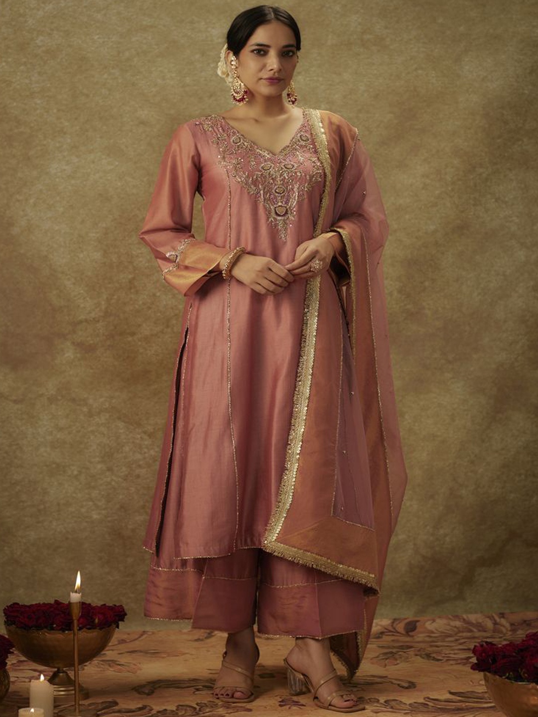 

The Aarya Floral Embroidered Beads and Stones Chanderi Silk Kurta With Palazzos & Dupatta, Pink