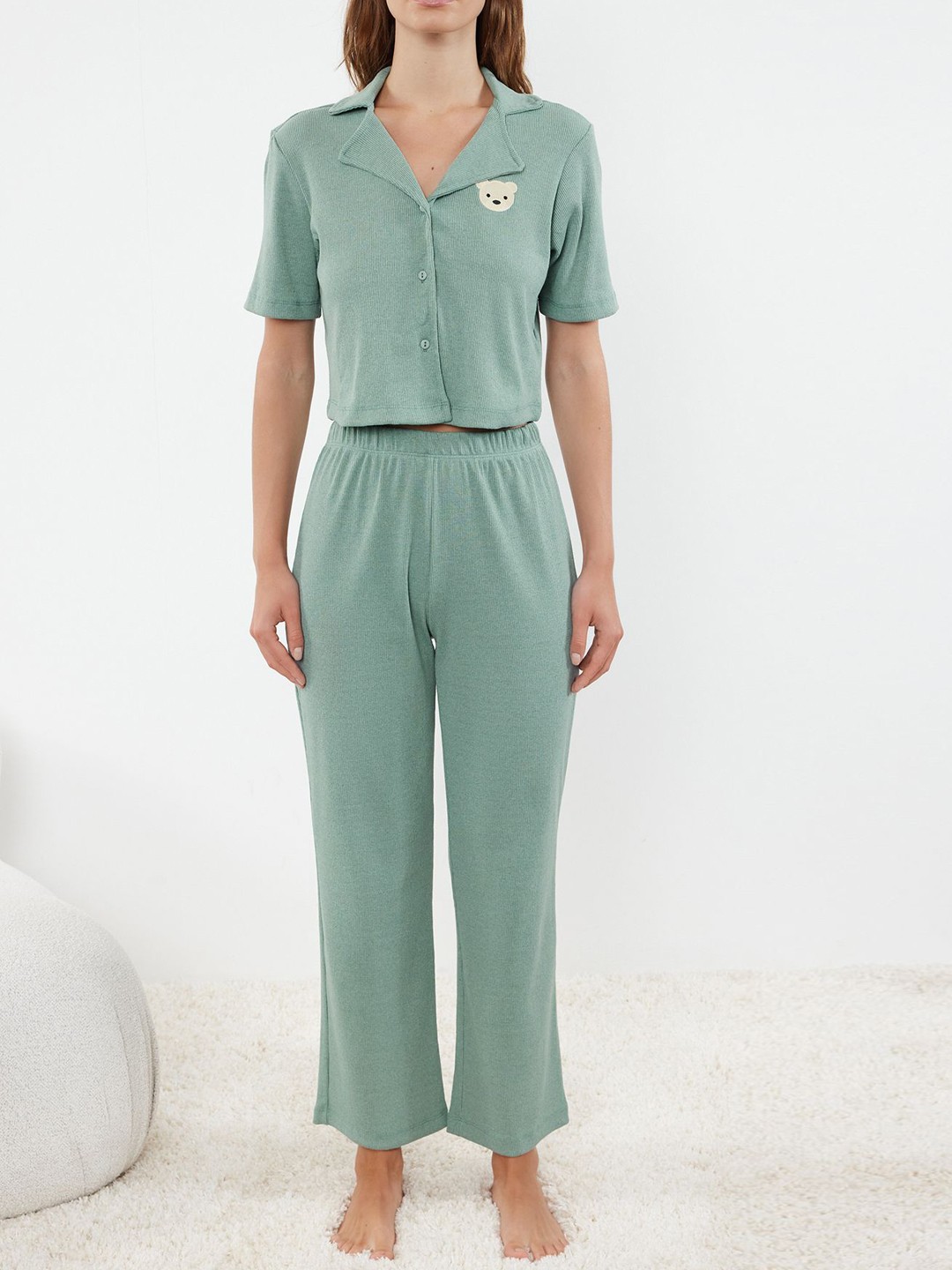 

Trendyol Women Striped Night suit, Green