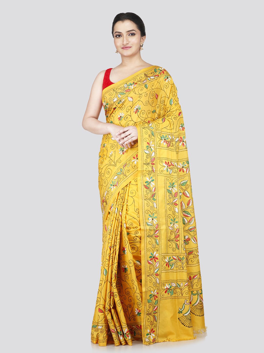 

PinkLoom Floral Kantha Work Pure Silk Saree, Yellow