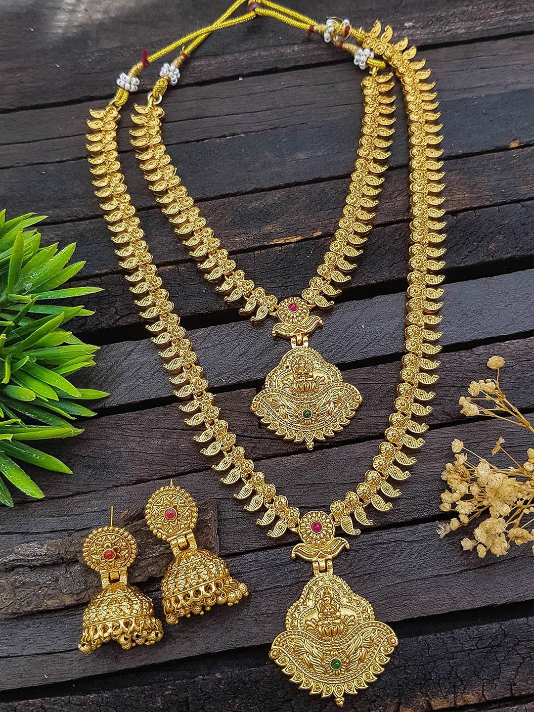 

GRIIHAM Gold-Plated AD Studded & Beaded Temple Jewellery Set