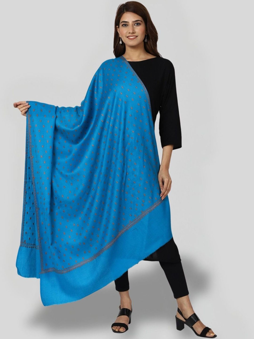 

SWI Stylish Ethnic Motifs Printed Woollen Shawl, Turquoise blue