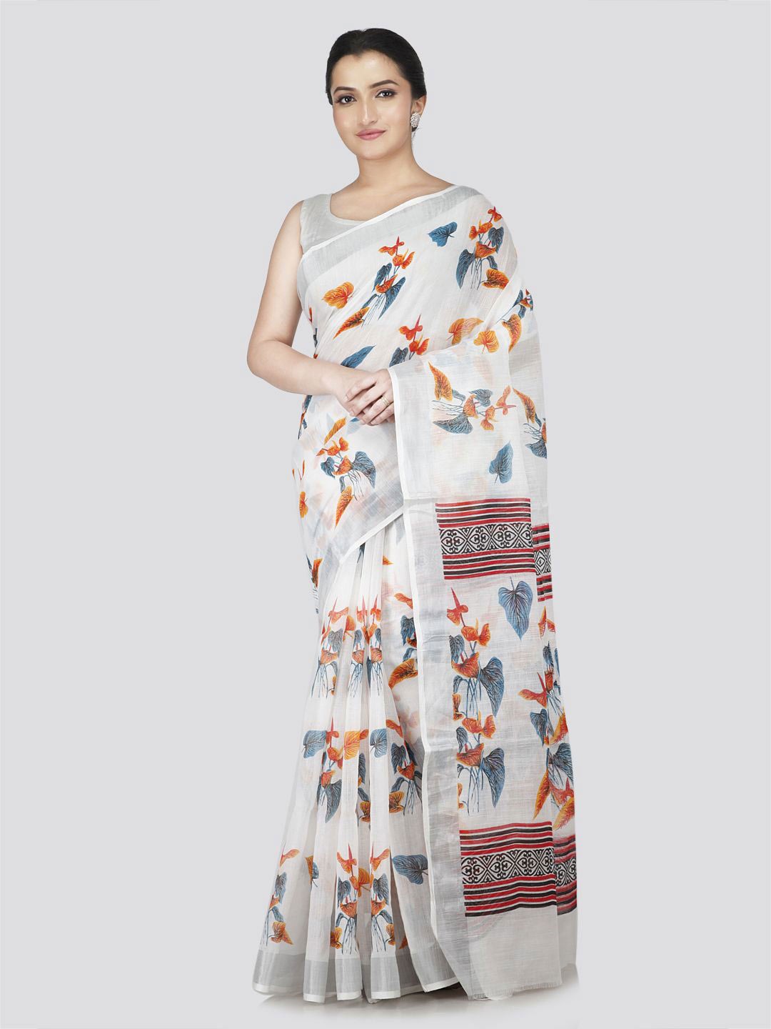 

PinkLoom Floral Zari Pure Cotton Saree, White