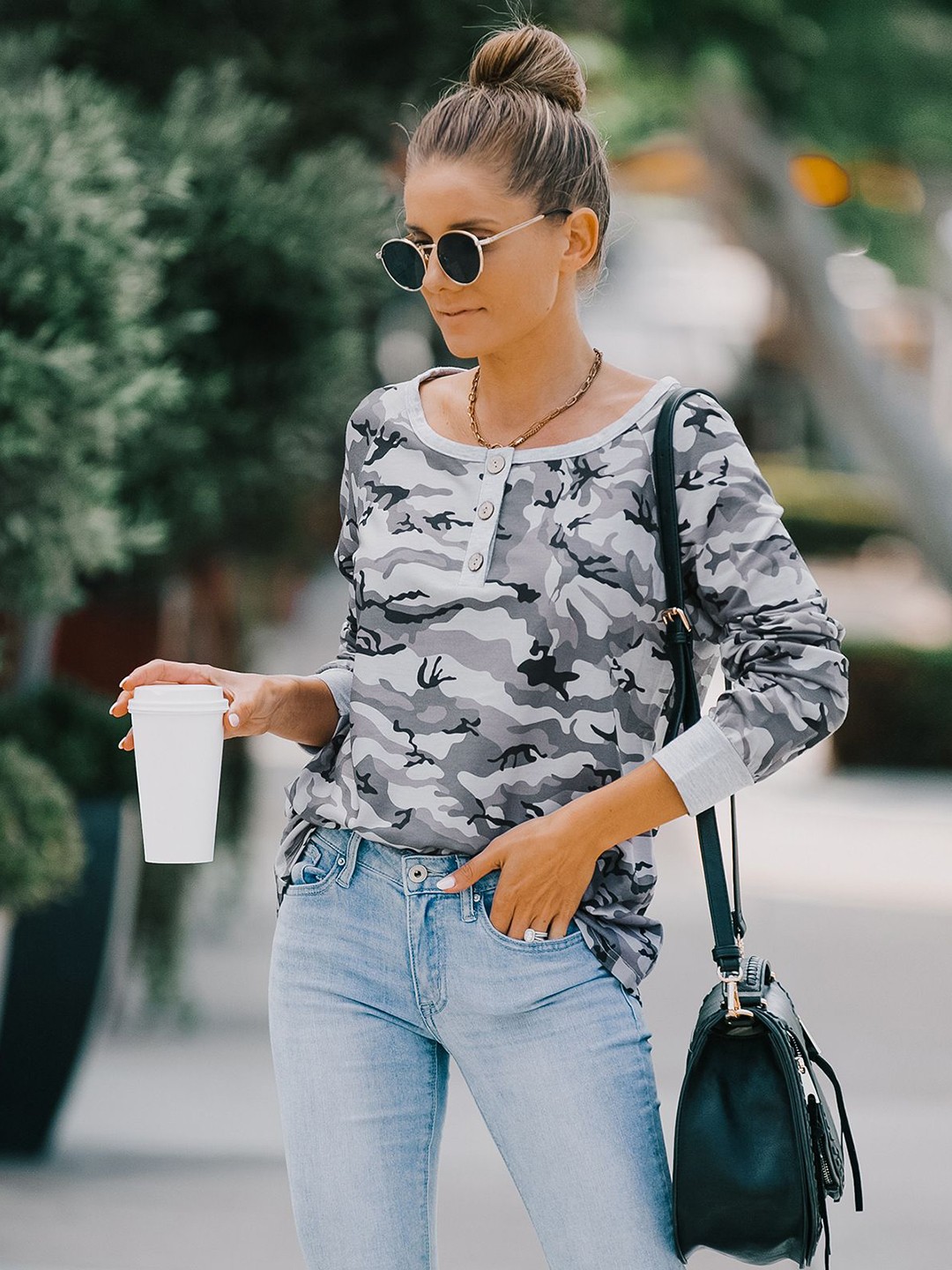 

StyleCast Women Camouflage Printed Henley Neck T-shirt, Grey