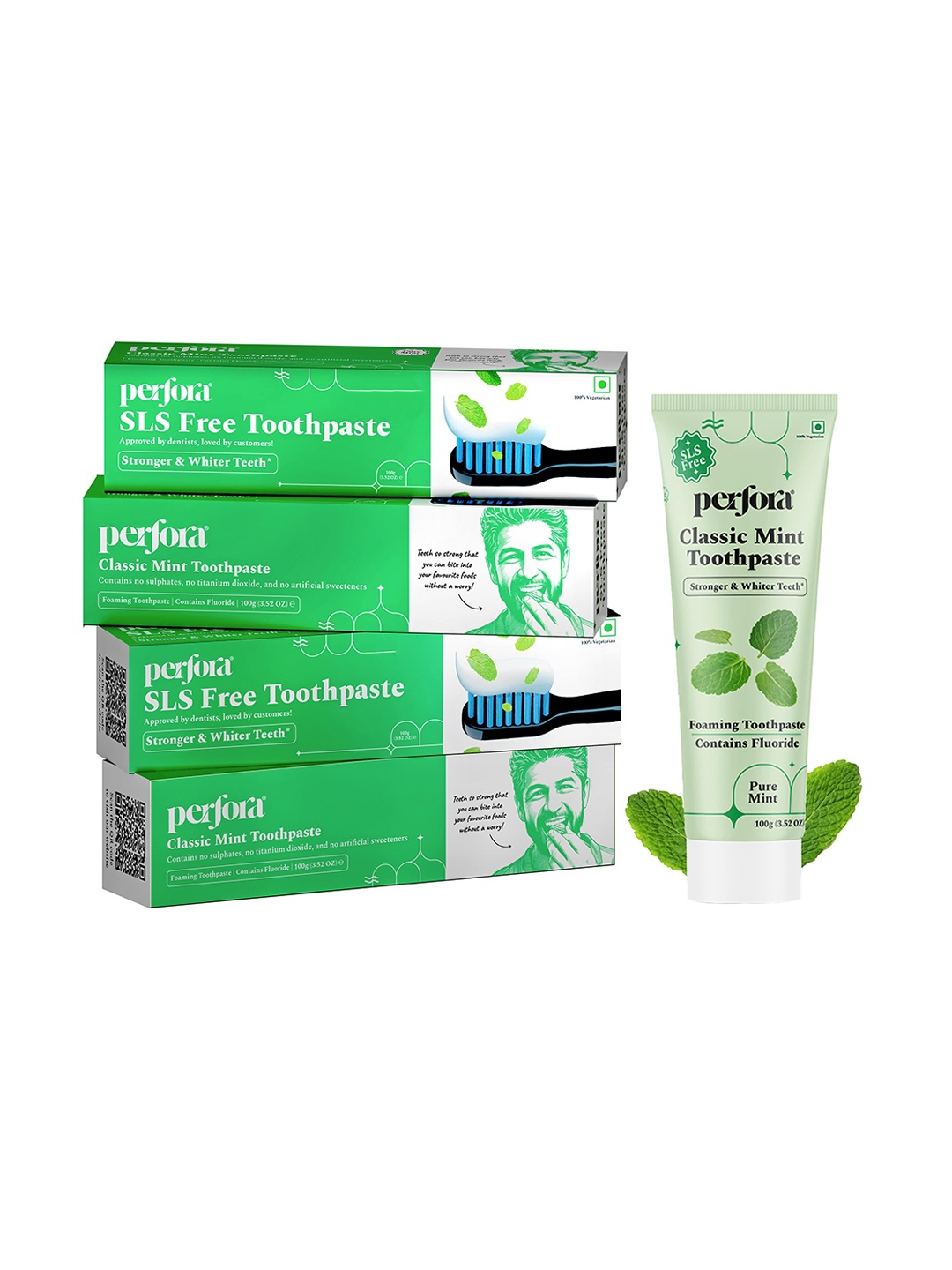 

Perfora Set Of 4 Classic Mint Foaming Toothpaste With Fluoride - 100g Each, Green