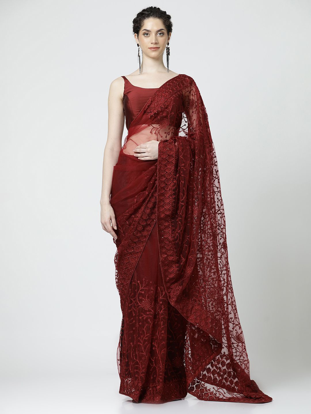 

Jaipur Kurti Floral Embroidered Net Saree, Maroon