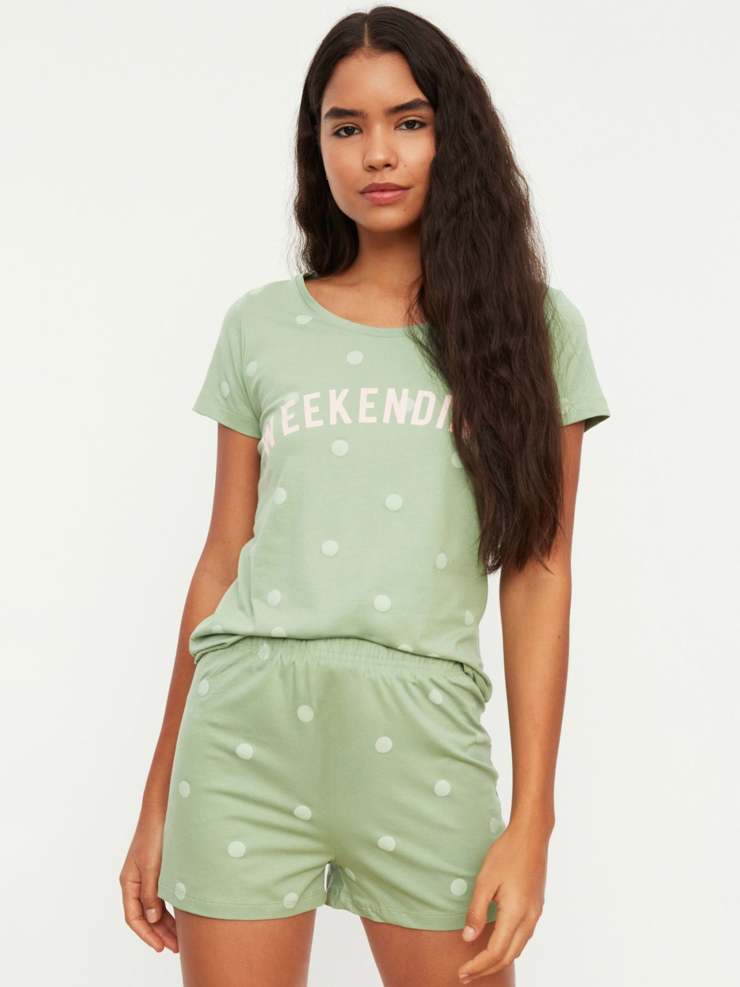 

Trendyol Women Polka Dot Night suit, Green