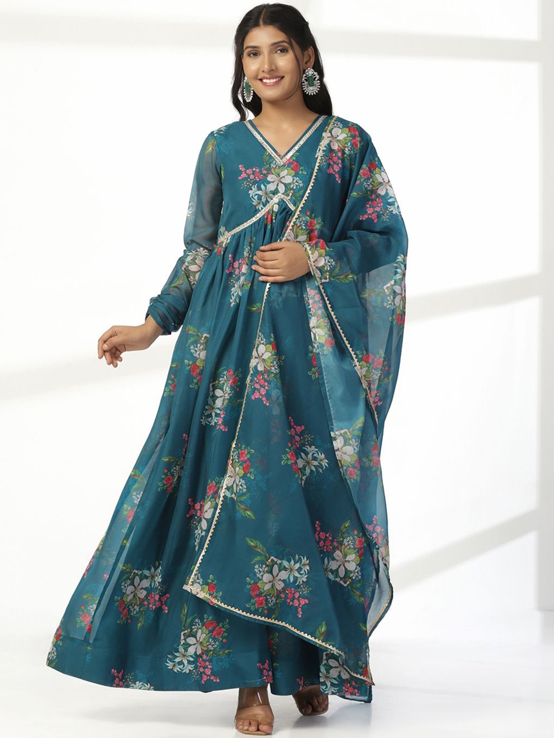 

BAESD Floral Printed Maxi Ethnic Dress With Dupatta, Blue