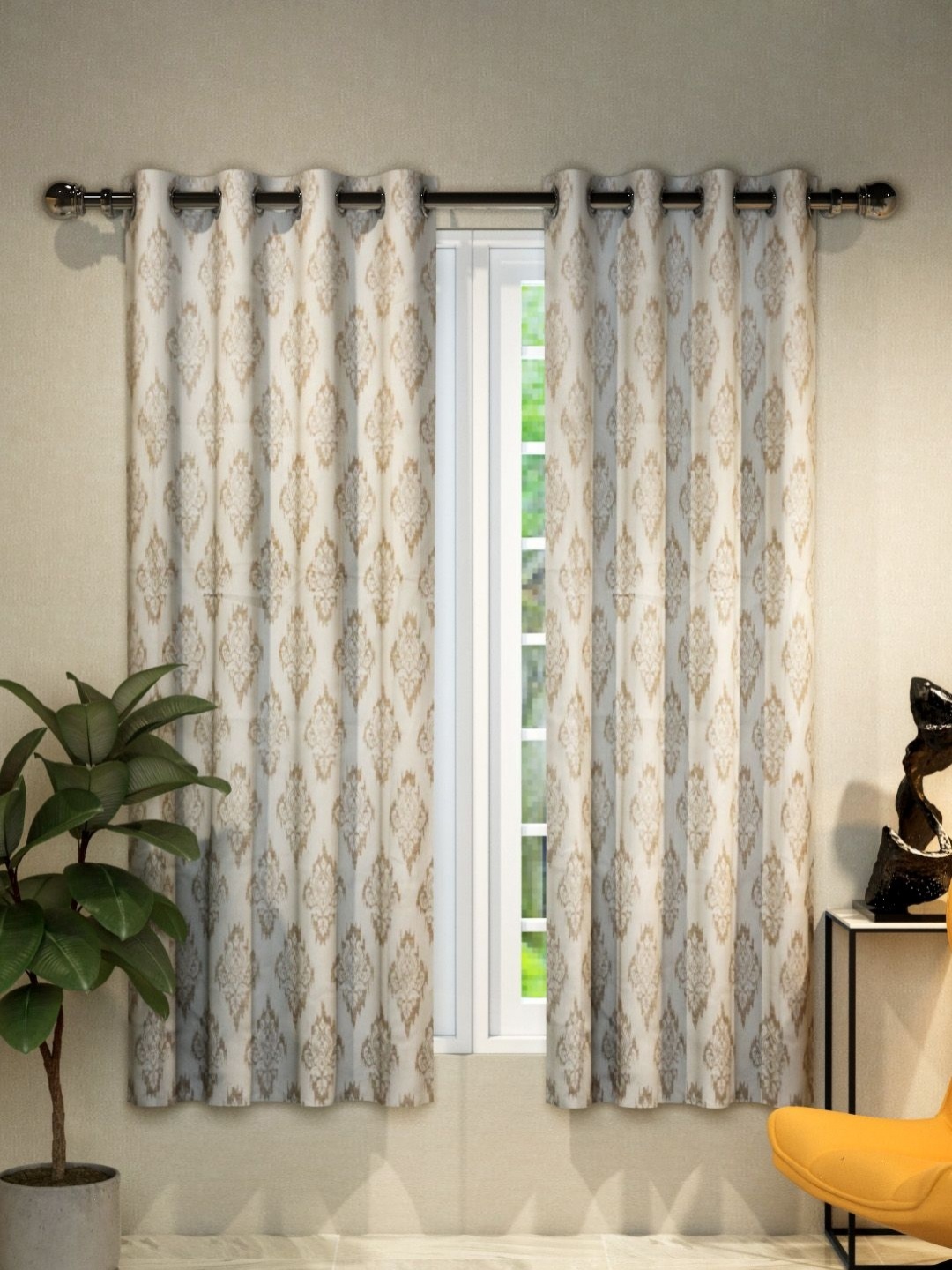 

Aura Grey & White 2 Pieces Ethnic Motifs Black Out Window Curtains