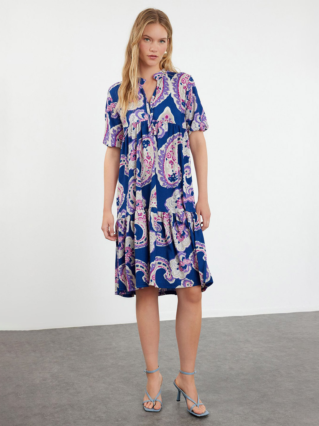 

Trendyol Ethnic Motifs Printed Puff Sleeves Empire Dress, Blue