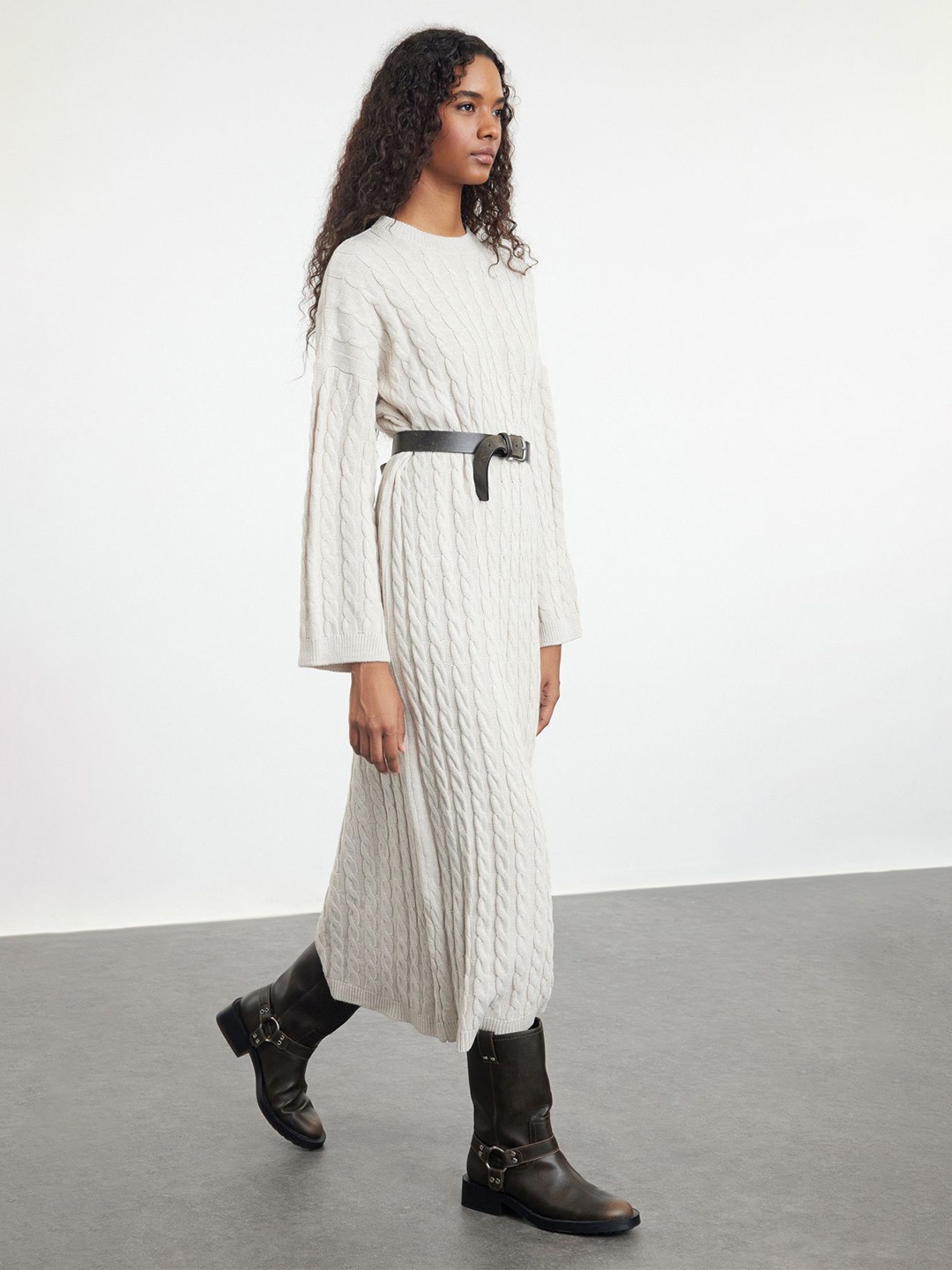 

Trendyol Striped Long Sleeve A-Line Midi Dress, Na