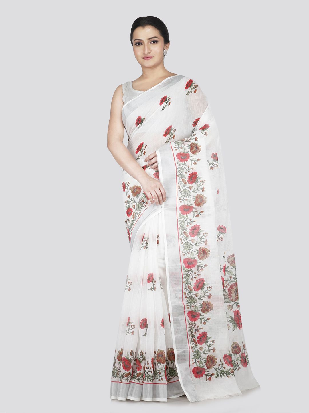 

PinkLoom Floral Zari Pure Cotton Saree, White