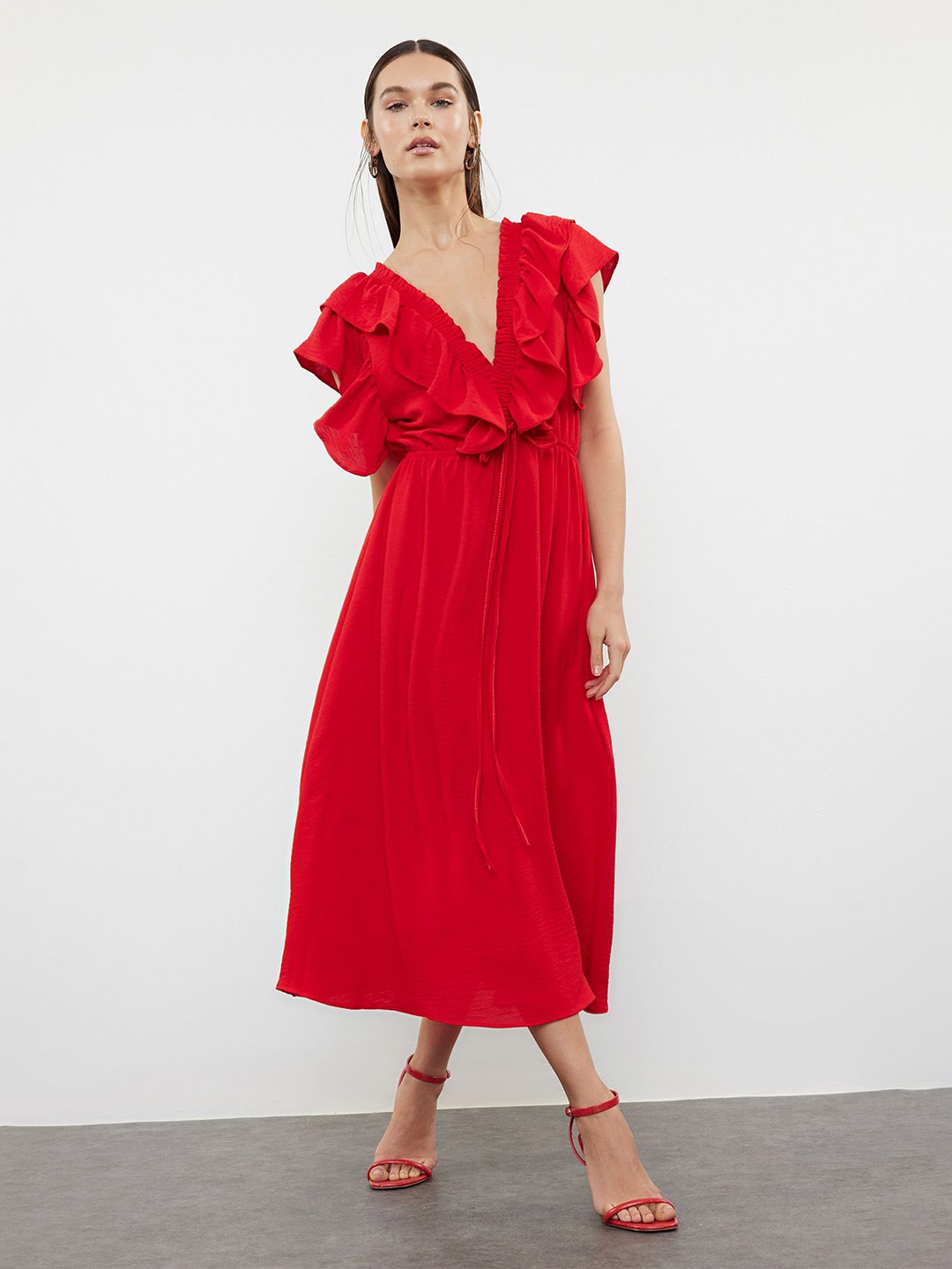 

Trendyol Women Solid Flutter Sleeve A-Line Midi Dress, Red