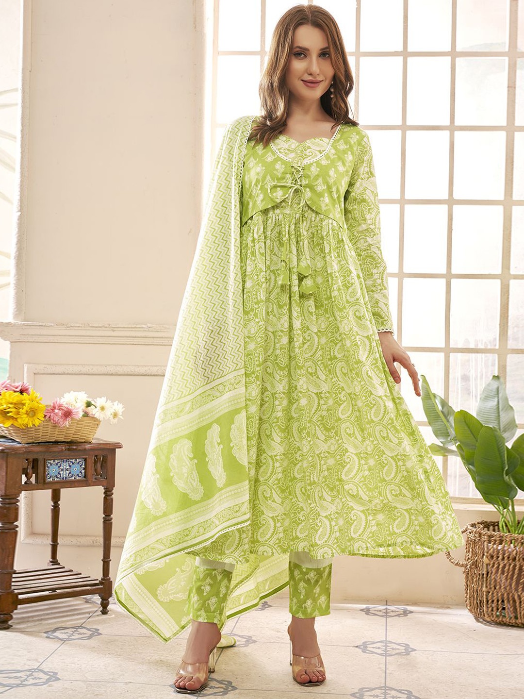 

Anouk Paisley Printed Pleated Pure Cotton Anarkali Kurta with Trousers & Dupatta, Lime green