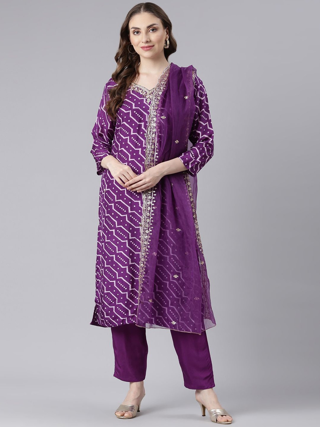 

Neerus Printed Beads and Stones Straight Kurta with Trousers & With Dupatta, Purple