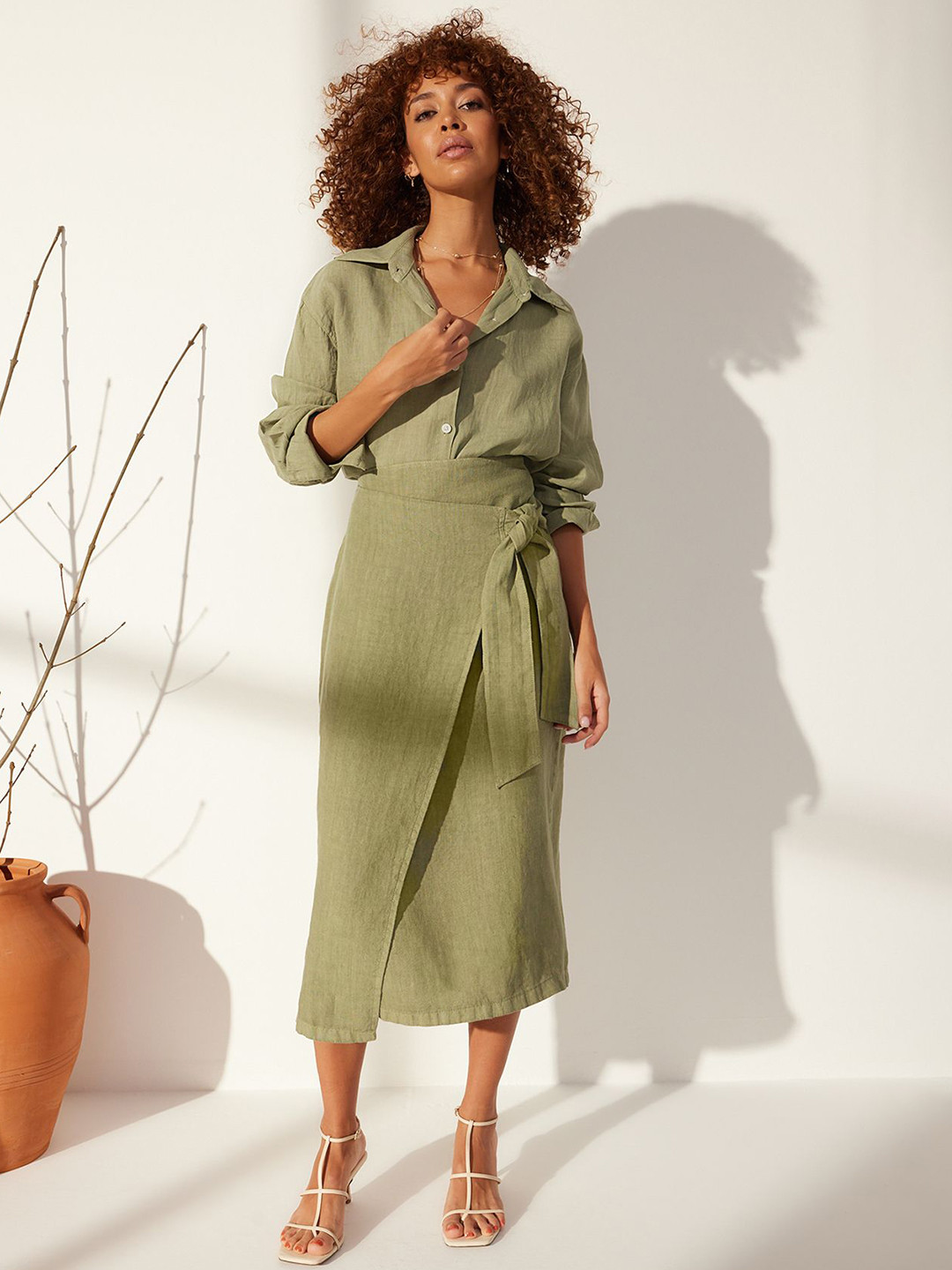 

Trendyol Women Linen Wrap Midi Skirt, Green