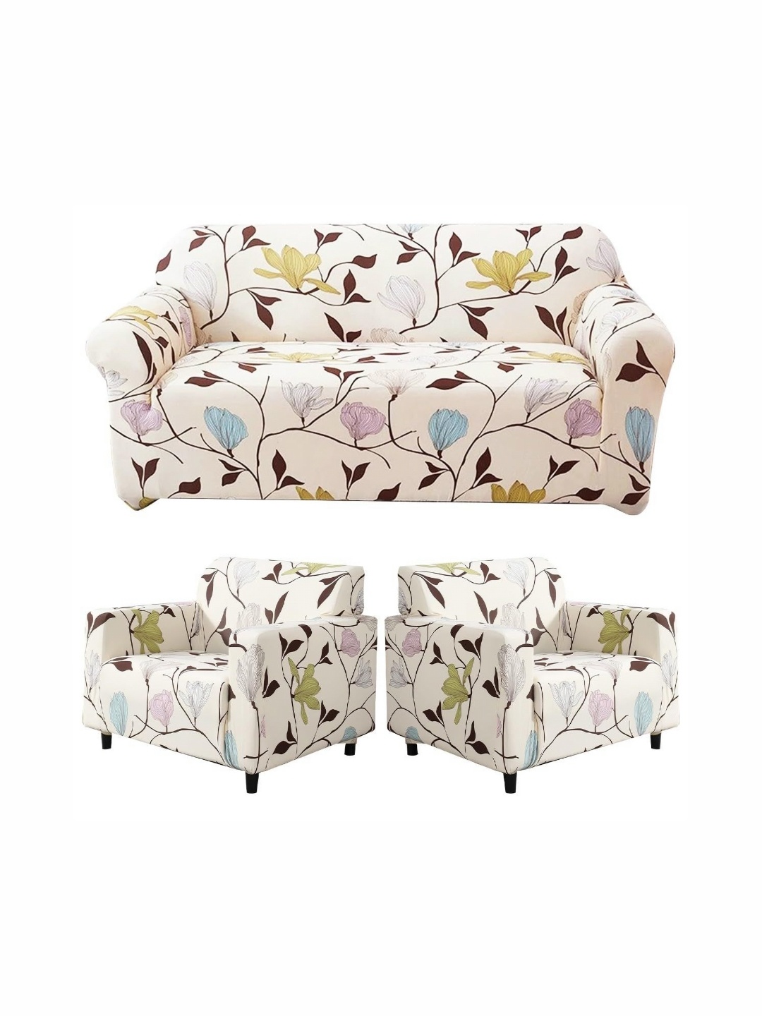 

Furshine Beige & Blue 3 Pieces Floral Stretchable Tie String Sofa Cover With Arms