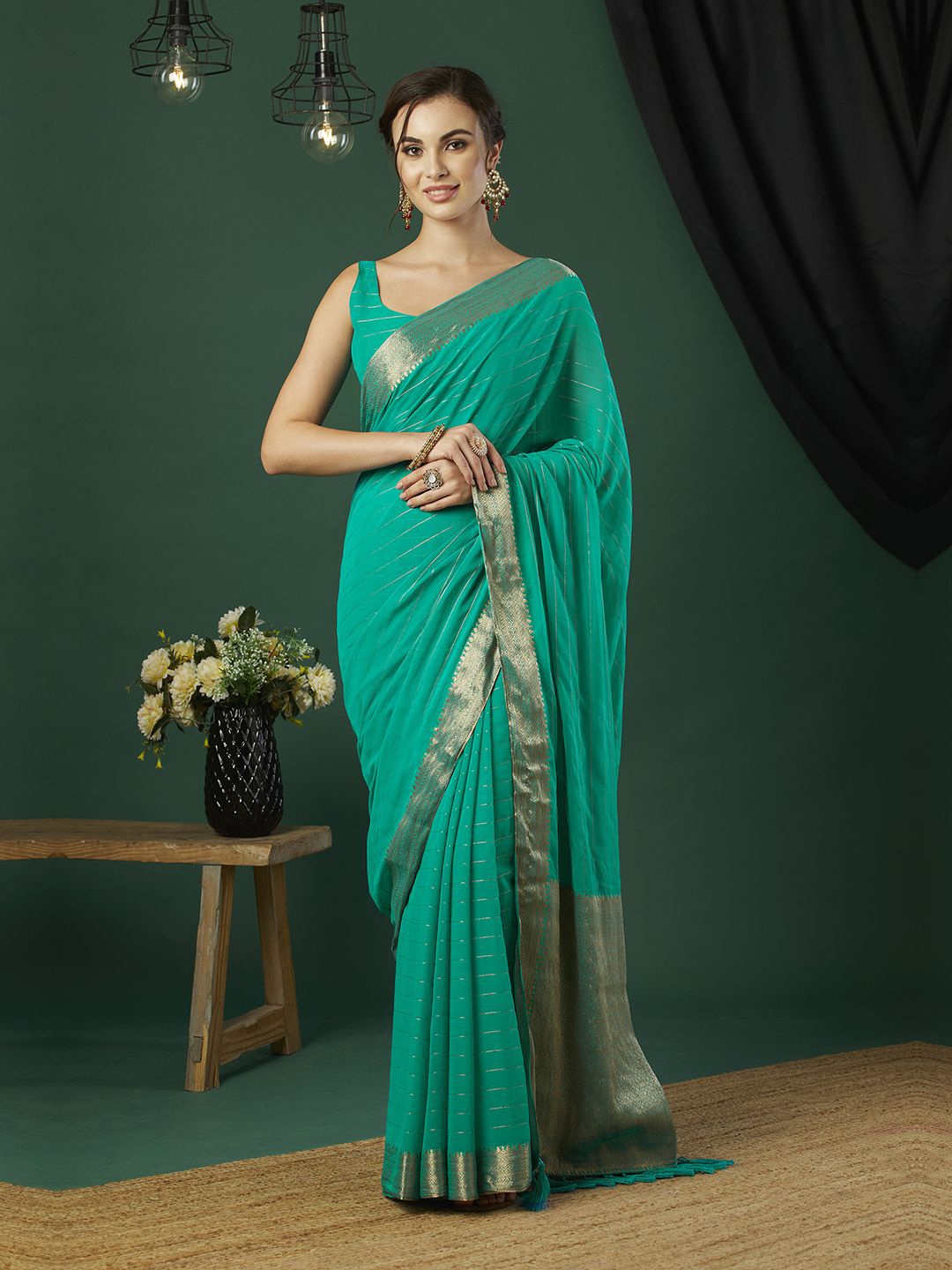 

KAYOMMI Striped Zari Pure Chiffon Saree, Sea green