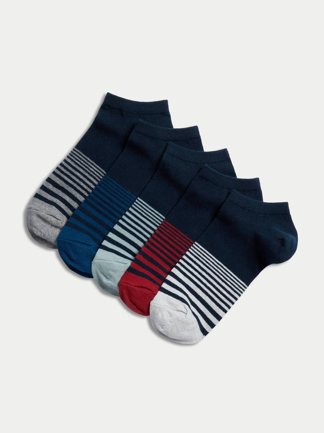 

Marks & Spencer Men Pack Of 5 Striped Ankle-Length Socks, Navy blue