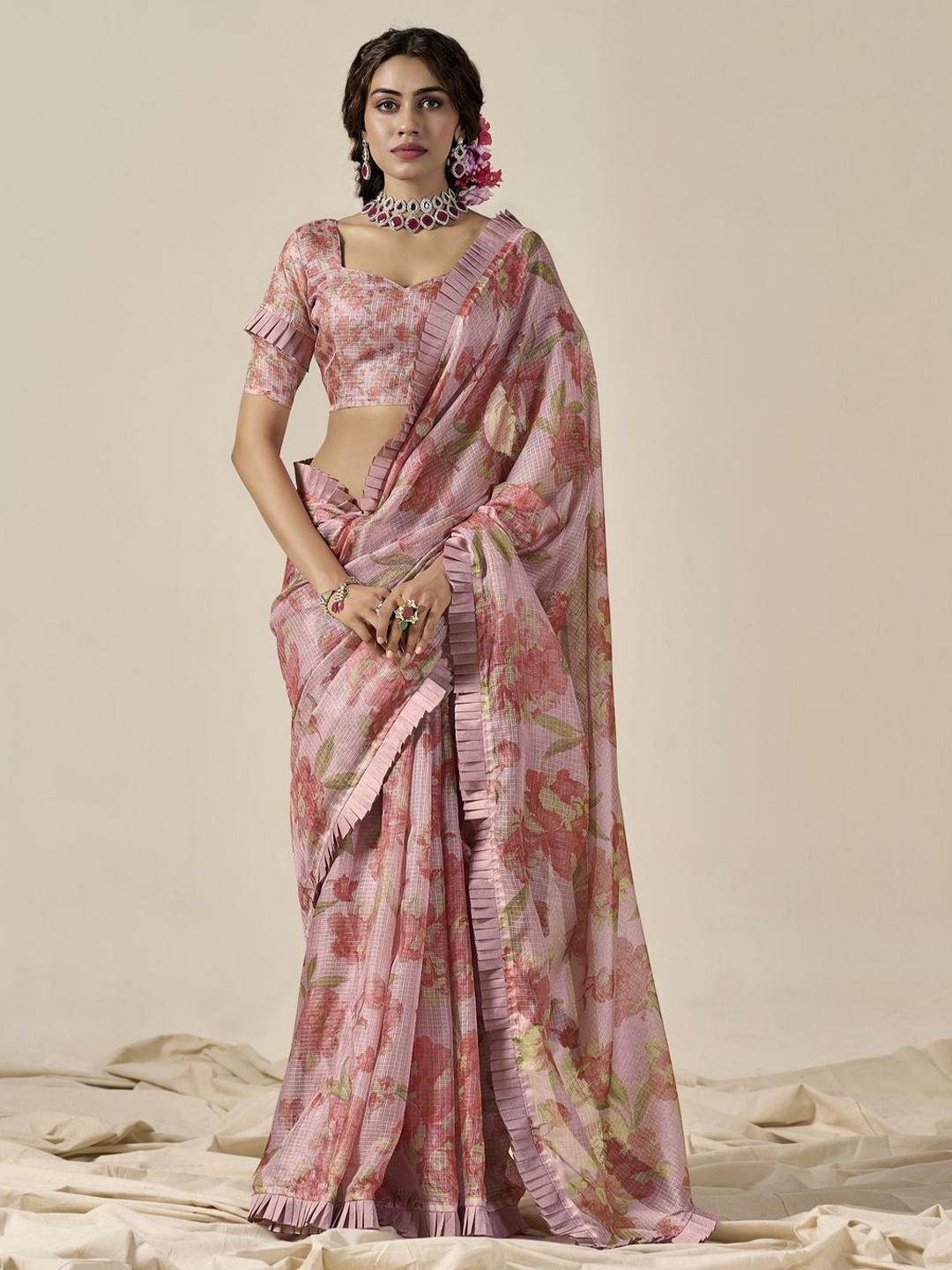 

CHUDIYA Floral Printed Ruffles Saree With Blouse Piece, Mauve