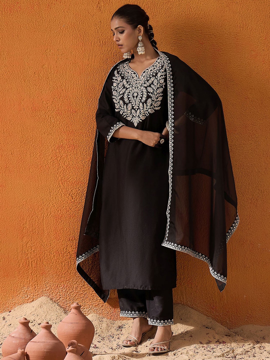 

Indo Era Black Floral Yoke Design Straight Sequinned Kurta With Trousers & Dupatta