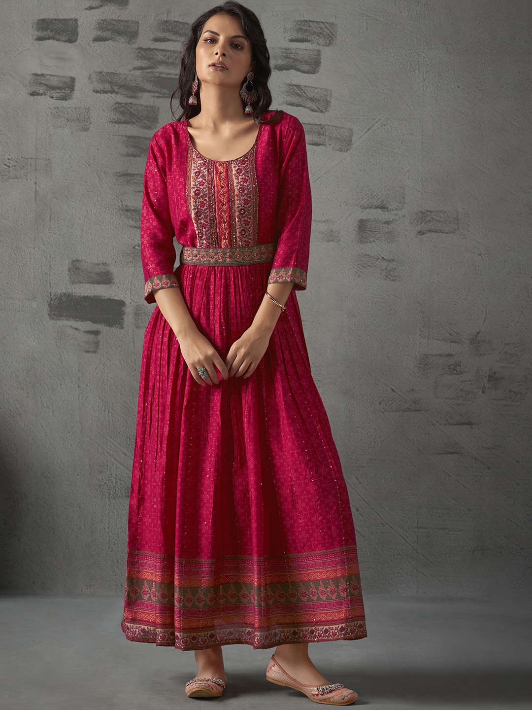 

Anouk s Fuchsia Printed Anarkali Ethnic Dress With Belt