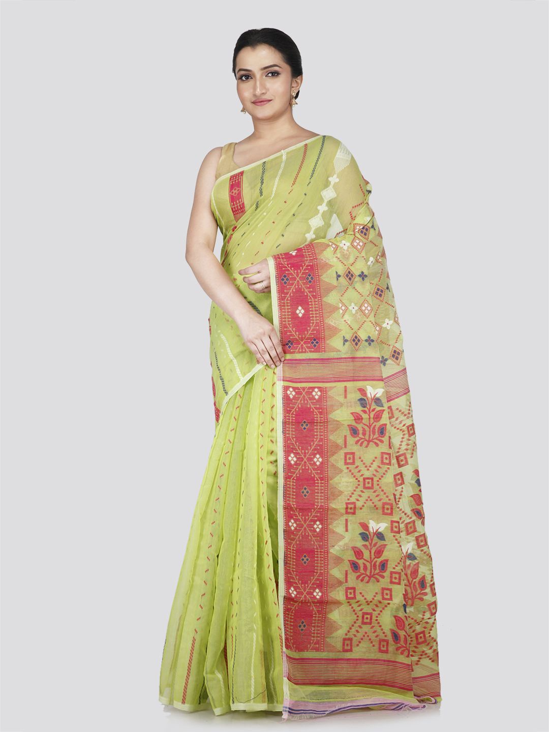 

PinkLoom Floral Pure Cotton Jamdani Saree, Green