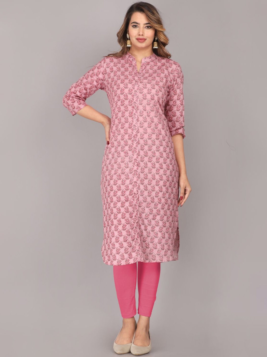 

Mehsoos Floral Printed Mandarin Collar Cotton A-Line Kurta, Pink