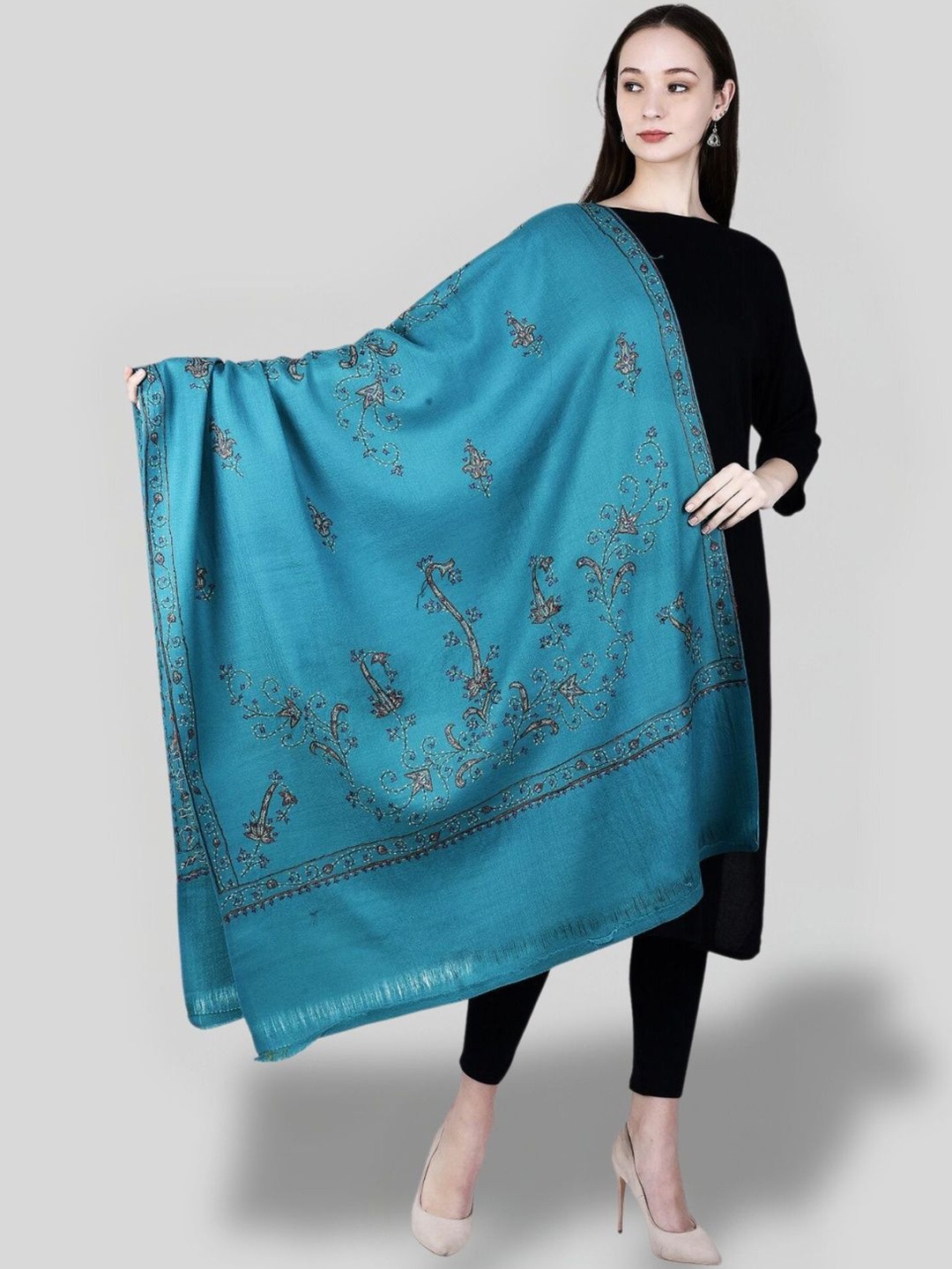 

SWI Stylish Floral Printed Woollen Shawl, Turquoise blue